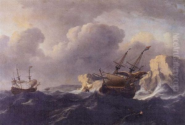 Shipping In A Storm Off A Rocky Coast Oil Painting by Ludolf Backhuysen the Elder