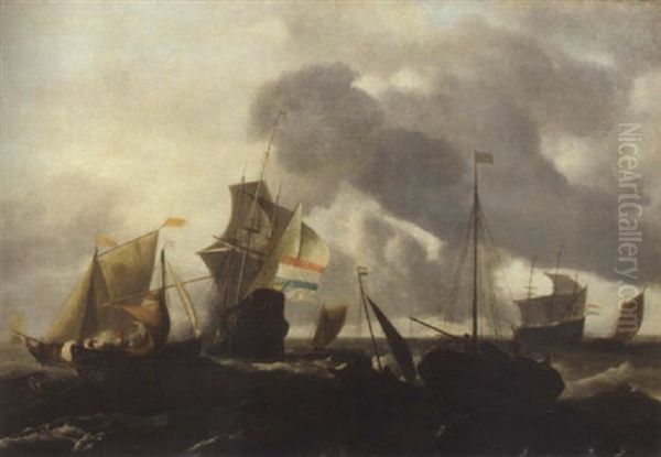 A Dutch Man'o-war And Other Shipping In Choppy Seas by Ludolf Backhuysen the Elder