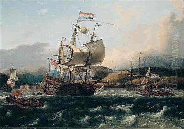 Dutch And English Men Of War With A Galley And Other Shipping Off A Levantine Coast Oil Painting by Ludolf Backhuysen the Elder