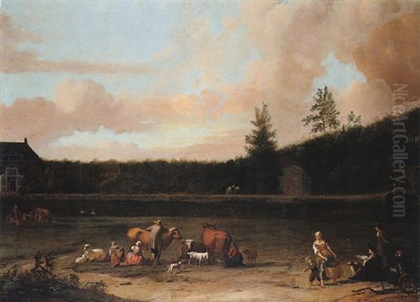 A River Landscape With The Artist In The Foreground Sketching A House Oil Painting by Ludolf Backhuysen the Elder