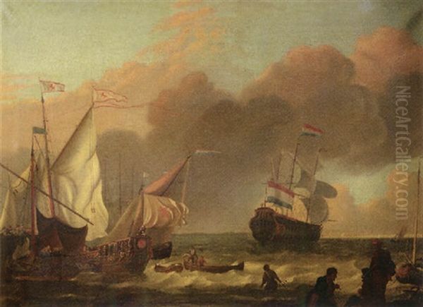 Sailing Ships By A Landing Stage With A Three-master Setting Out, Fishermen On The Beach Nearby Oil Painting by Ludolf Backhuysen the Elder