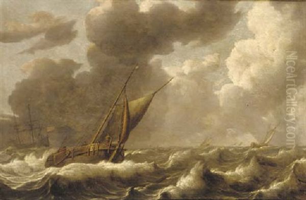 A Stormy Seascape With French Frigates And Other Shipping Oil Painting by Ludolf Backhuysen the Elder