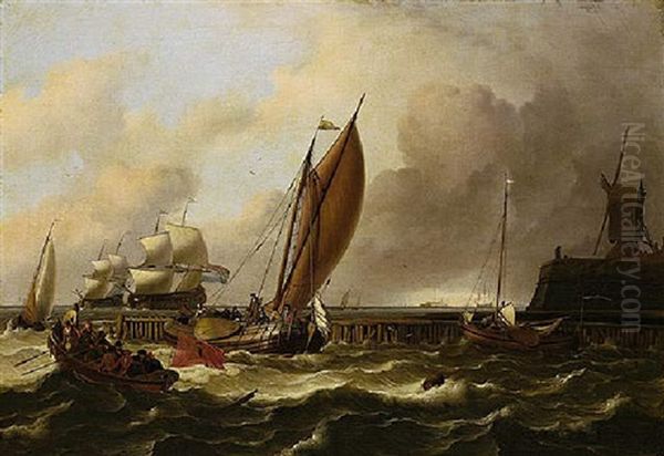 A Seascape With A Jetty And Windmill, A Fishing Boat Flying The Amsterdam Flag And Smaschips On Choppy Seas, Larger Shipping Vessels Beyond Oil Painting by Ludolf Backhuysen the Elder