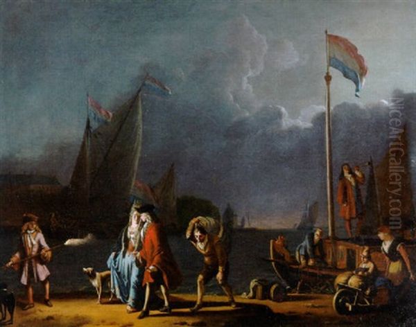 An Elegant Couple On A Quay At Night Oil Painting by Ludolf Backhuysen the Elder