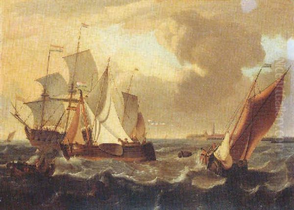 Shipping Vessels On Choppy Seas, The Town Of Enkhuizen Beyond Oil Painting by Ludolf Backhuysen the Elder