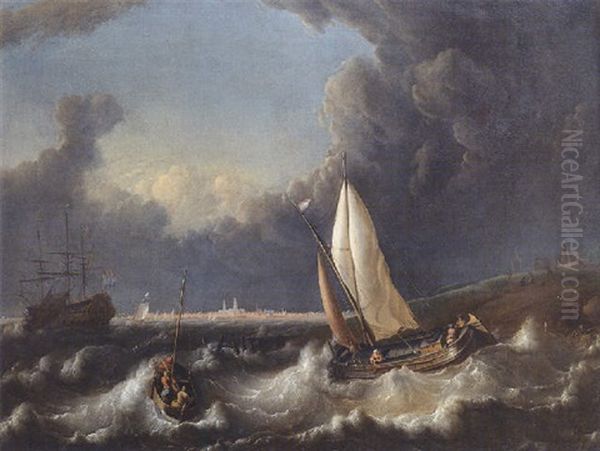 A Storm Off Hoorn With A Wijdschip Going About And A Pink With Its Lowered Sail, A Smalschip Tacking And A Man-of-war At Anchor Beyond Oil Painting by Ludolf Backhuysen the Elder