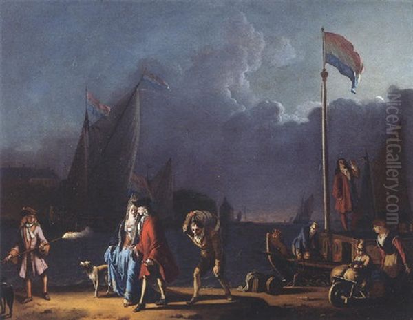 An Elegant Couple On A Quay At Night Oil Painting by Ludolf Backhuysen the Elder