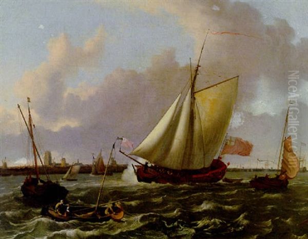 A British Sloop And Other Shipping In A Stiff Breeze On The Maas By Dordrecht Oil Painting by Ludolf Backhuysen the Elder