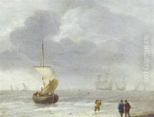 A Sailing Boat Nearing A Beach With Other Shipping Beyond Oil Painting by Ludolf Backhuysen the Elder