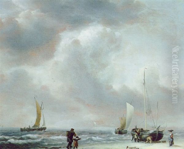 Hollandische Strandlandschaft Mit Fischern Und Booten Oil Painting by Ludolf Backhuysen the Elder