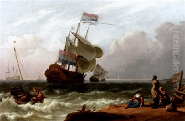 A Dutch Man-of-war In A Stiff Breeze With Fisherfolk In The Foreground Oil Painting by Ludolf Backhuysen the Elder