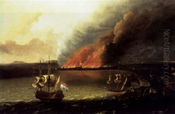 Dutch Men-of-war Pursuing A British Man-of-war, A Town Burning Beyond (dutch Raid On Chatham In 1667?) Oil Painting by Ludolf Backhuysen the Elder