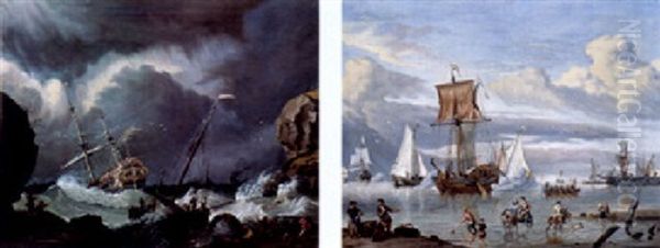 A Storm: A Threemaster And A Wijdschip Foundering Off A Rocky Coast, Sailors Coming To The Rescue Nearby Oil Painting by Ludolf Backhuysen the Elder