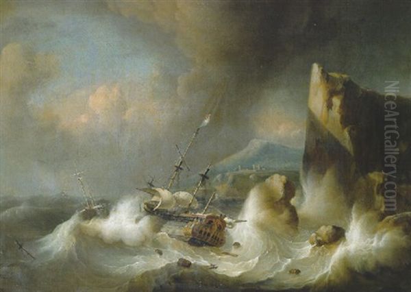 An Amsterdam Merchand Man And A Wijdschip Foundering Off A Rocky Coast, In A Gale Oil Painting by Ludolf Backhuysen the Elder