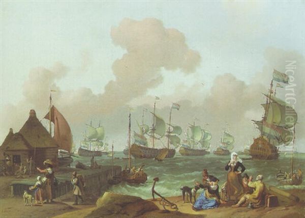 Coastal Scene Wih Dutch Fleet Under Way, Peasants By A Jetty In The Foreground Oil Painting by Ludolf Backhuysen the Elder