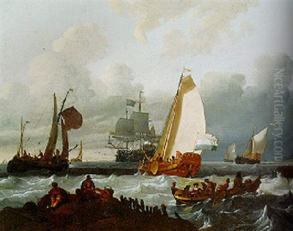 State Yacht And Other Small Dutch Vessels In A Choppy Sea Oil Painting by Ludolf Backhuysen the Elder