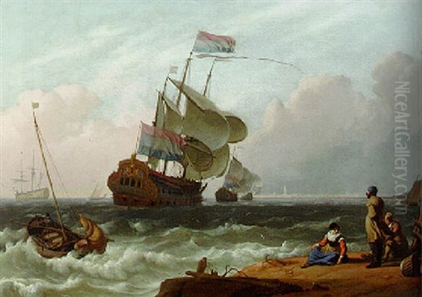 A Dutch Man-of-war In A Stiff Breeze With Fisherfolk In A Foreground Oil Painting by Ludolf Backhuysen the Elder