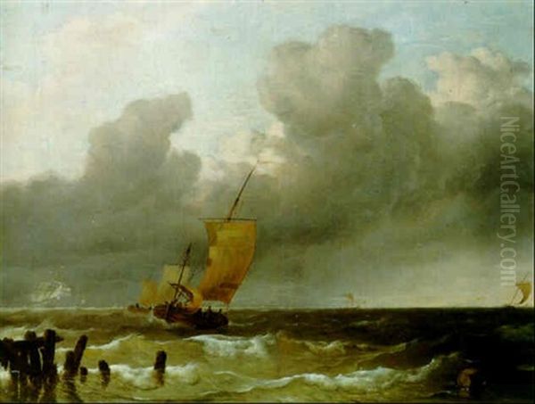 A Sailing Barge Hauling Sails In Choppy Seas Oil Painting by Ludolf Backhuysen the Elder