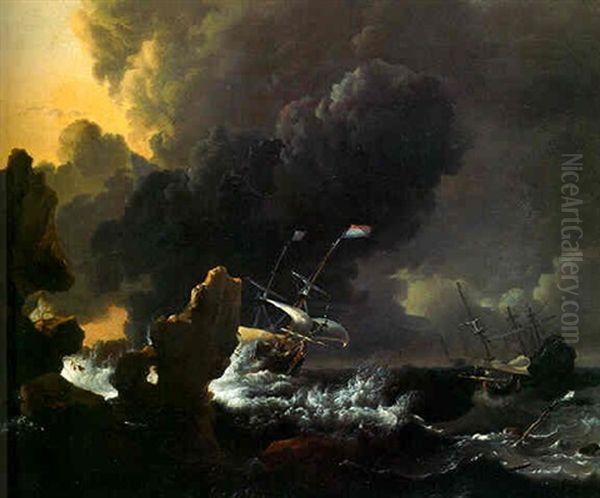 Merchant Men In Distress In A Gale Off A Rocky Coast Oil Painting by Ludolf Backhuysen the Elder