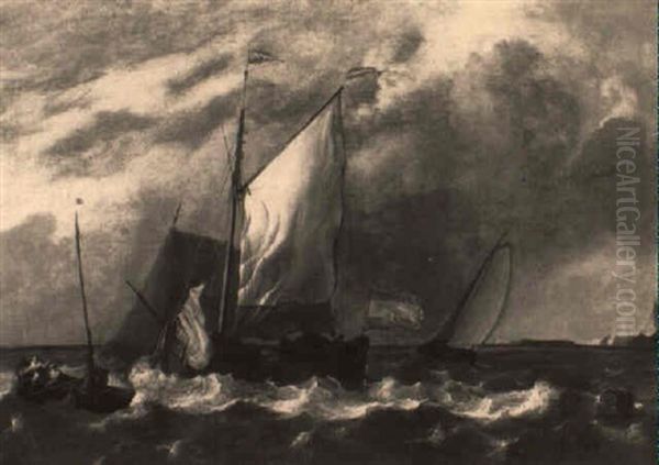 A Smalschip And A Yacht Lowering Sails In A Stiff Breeze Oil Painting by Ludolf Backhuysen the Elder