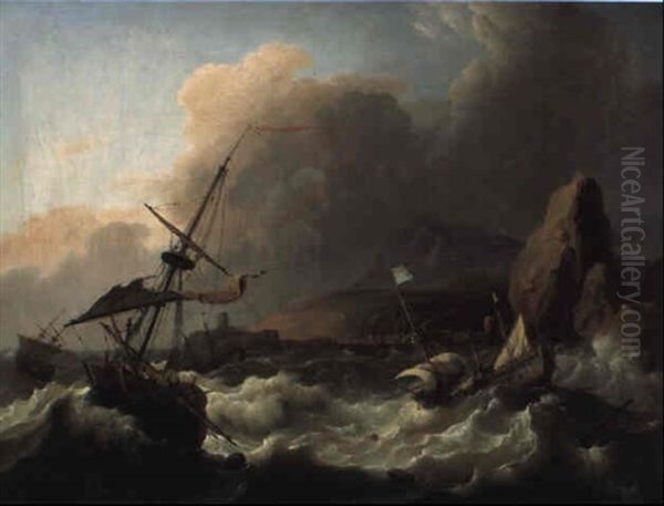 Shipping In A Storm Off A Rocky Mediterranean Coast Oil Painting by Ludolf Backhuysen the Elder