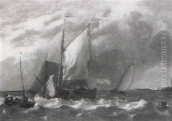 A Smalschip And A Yacht Lowering Sails In A Stiff Breeze Oil Painting by Ludolf Backhuysen the Elder