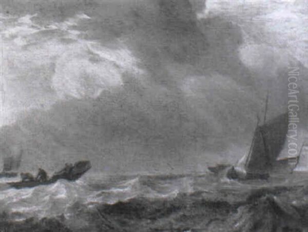 A Fishing Boat And Other Shipping In A Squall Oil Painting by Ludolf Backhuysen the Elder