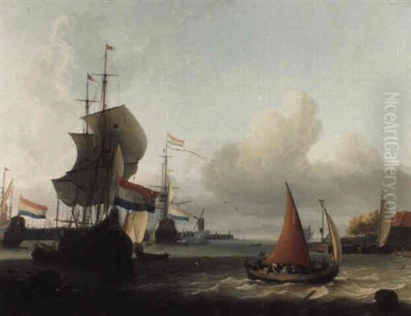 A Smalschip Under Full Sail And Men-of-war At Anchor In A Dutch Harbour Oil Painting by Ludolf Backhuysen the Elder