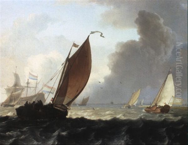 Galjoot, A States Yacht And Other Small Dutch Vessels In A Short Chop Oil Painting by Ludolf Backhuysen the Elder