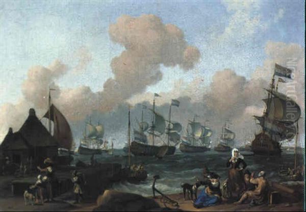 Hollandske Skibe Ud For Havnekaj Med Mennesker Og Hunde Oil Painting by Ludolf Backhuysen the Elder