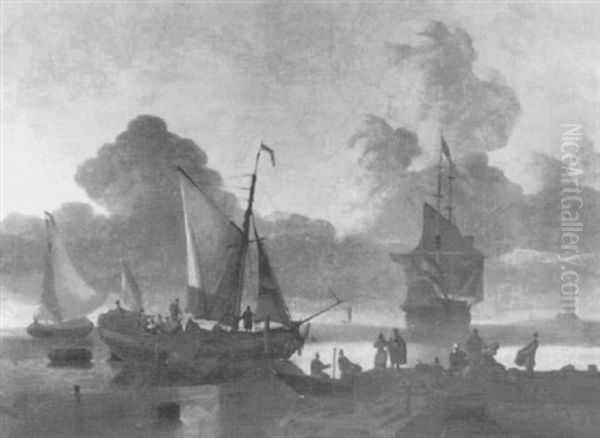 A Dutch Man O'war And A States Yacht Off A Jetty Oil Painting by Ludolf Backhuysen the Elder