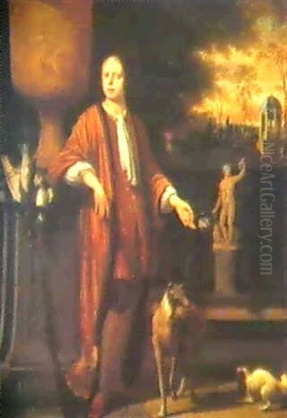 Portrait Of A Young Man, Full Length, Standing, Beside An   Urn In A Park Setting Oil Painting by Ludolf Backhuysen the Elder