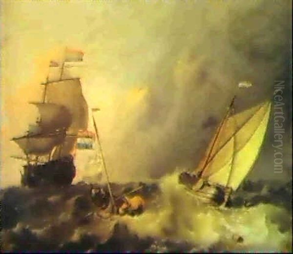 Shipping In A Choppy Sea Oil Painting by Ludolf Backhuysen the Elder