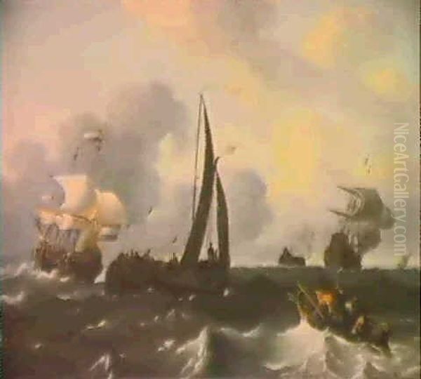 A Smalschip, A Rowing Boat And Dutch Warships In A Choppy   Sea Off A Town Oil Painting by Ludolf Backhuysen the Elder