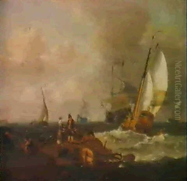 Fisherfolk Resting On The Shore, With A Rowboat Moored      Nearby, A Dutch Man-of-war, A Frigate And Other Shipping... Oil Painting by Ludolf Backhuysen the Elder