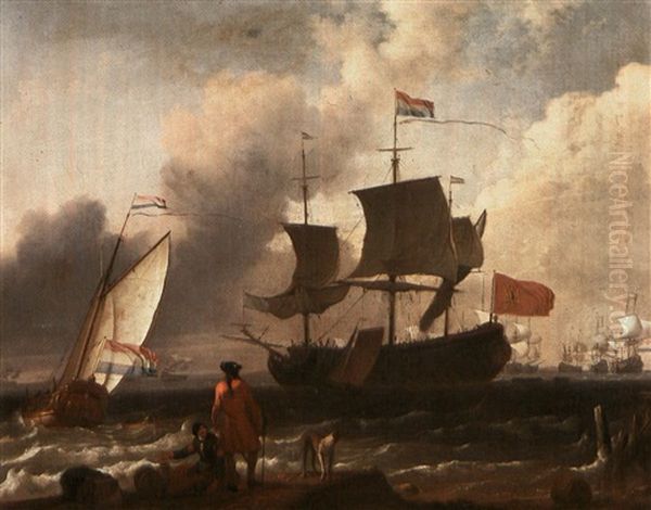 A Dutch Frigate Flying The Banner Of The City Of Amsterdam  With A Small Yacht Under Sail In Coastal Waters A Number Of Oil Painting by Ludolf Backhuysen the Elder