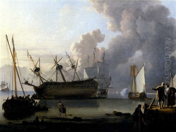 A Man-of-war Being Caulked Offshore In A Calm, With Other Shipping Oil Painting by Ludolf Backhuysen the Elder