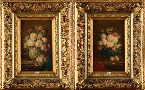 Vases De Fleurs Sur Un Entablement (pair) Oil Painting by Francois Backvis