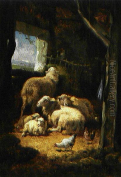 Schapen En Kippen In Een Stal Oil Painting by Francois Backvis