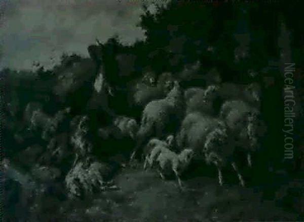 Schafherde, Von Wolfen Angefallen Und Vom Schafer           Verteidigt Oil Painting by Francois Backvis