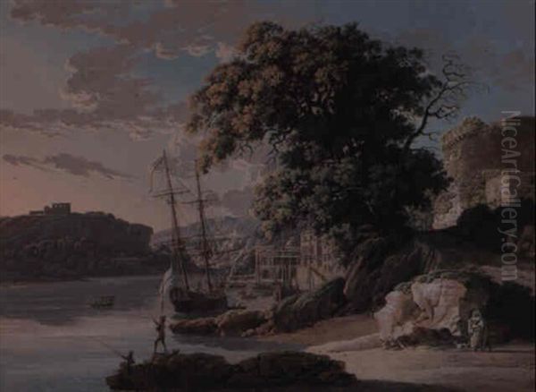 A Harbour At Sunset, In An Estuary With Men-o'war Moored Oil Painting by Louis Albert Guillain Bacler d'Albe