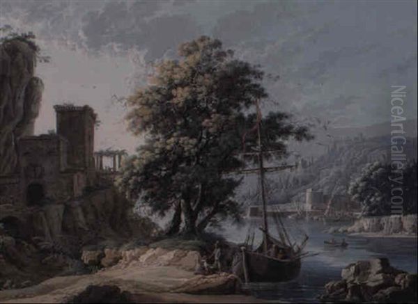 A Seascape At Dawn, With Fishermen Unloading Boats By A Villa Oil Painting by Louis Albert Guillain Bacler d'Albe