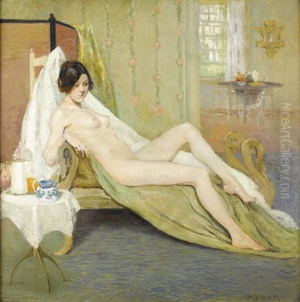 Female Nude In An Interior Oil Painting by Charles Roswell Bacon