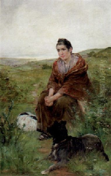 Peasant Woman With Her Dog Oil Painting by Henry Bacon