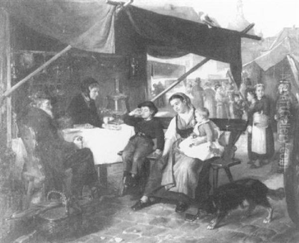 European Market Scene With Coffee Shop Interior To Left And Tents And Figures To Right Oil Painting by Henry Bacon