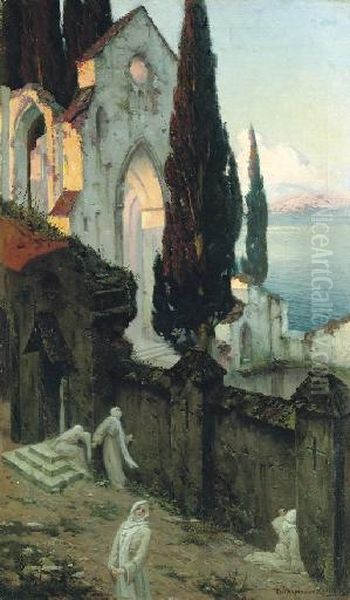 At The Monastery Walls Oil Painting by Mikhail Mikhailovich Adamovich