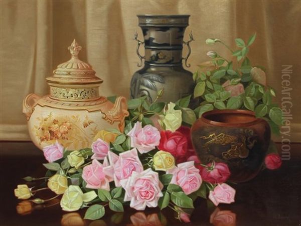 Tabletop Still Life With Roses Oil Painting by Irving Lewis Bacon