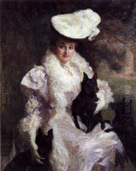 Portrait Of A Lady In A Mauve And White Dress With Her Favourite Dogs Oil Painting by John Henry Frederick Bacon