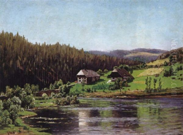 Schwarzwaldlandschaft Im Sommer Mit Spiegelndem See Und Malerischen Hausern Oil Painting by Margarete Von Baczko