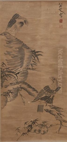 Eagles Perched On Branch And Rock Formation Oil Painting by  Bada Shanren